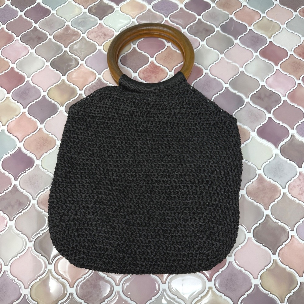 VTG Black Crochet Handbag with Round Wooden Handles - Picture 4 of 15